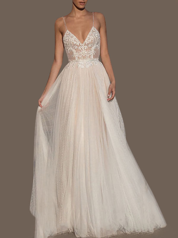 Elegant Lace Champagne Wedding Dress 2021 V-neck illusion Long Sleeve Boho  Beach Bridal Gown Sweep T | Shopee Philippines